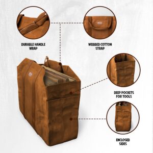 Hudson Durable Goods Premium Quality Waxed Canvas Firewood Carrier - 20” W x 17” H Large Firewood Bag with Enclosed Sides, Webbed Cotton Straps, & 2 Big Pockets - Water Repellent Fireplace Log Holder