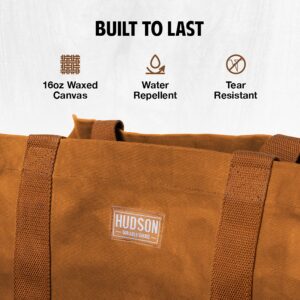 Hudson Durable Goods Premium Quality Waxed Canvas Firewood Carrier - 20” W x 17” H Large Firewood Bag with Enclosed Sides, Webbed Cotton Straps, & 2 Big Pockets - Water Repellent Fireplace Log Holder