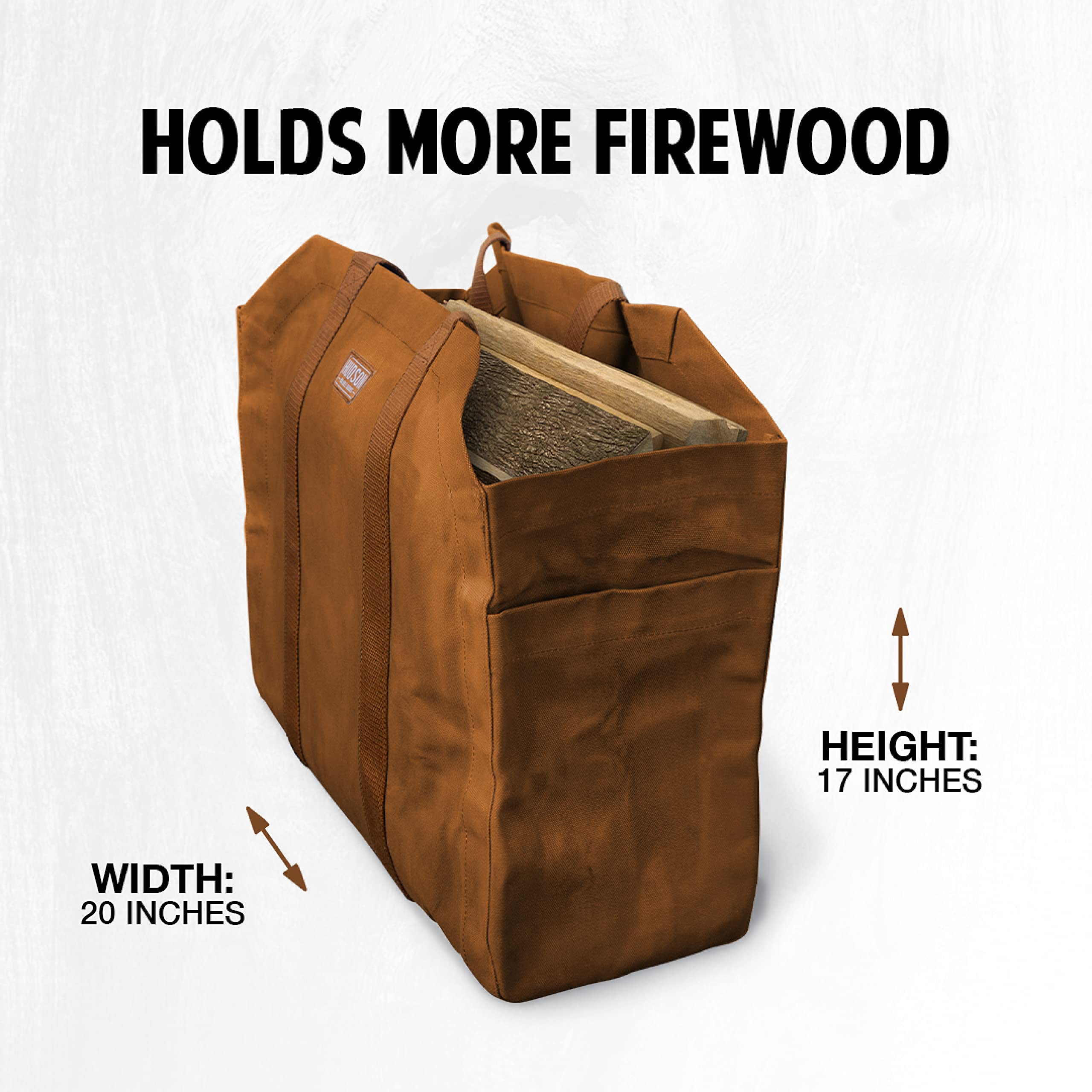 Hudson Durable Goods Premium Quality Waxed Canvas Firewood Carrier - 20” W x 17” H Large Firewood Bag with Enclosed Sides, Webbed Cotton Straps, & 2 Big Pockets - Water Repellent Fireplace Log Holder