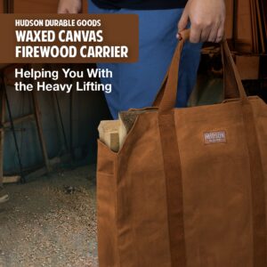 Hudson Durable Goods Premium Quality Waxed Canvas Firewood Carrier - 20” W x 17” H Large Firewood Bag with Enclosed Sides, Webbed Cotton Straps, & 2 Big Pockets - Water Repellent Fireplace Log Holder