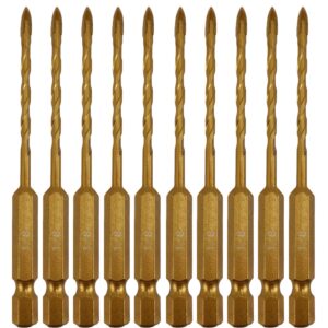 hymnorq 1/8 inch masonry drill bits 10pc pack, 4 edges yg6x carbide tipped cross spear head, 1/4 hex shank, titanium coated surface, multi-purpose for glass tile concrete wood ceramic brick marble