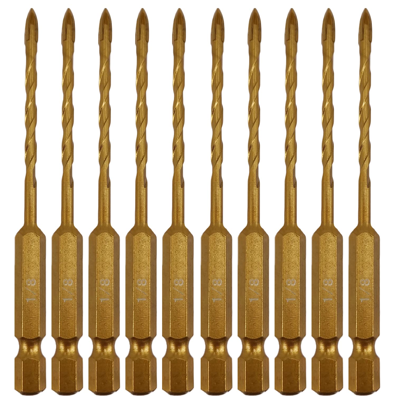 Hymnorq 1/8 Inch Masonry Drill Bits 10pc Pack, 4 Edges YG6X Carbide Tipped Cross Spear Head, 1/4 Hex Shank, Titanium Coated Surface, Multi-Purpose for Glass Tile Concrete Wood Ceramic Brick Marble