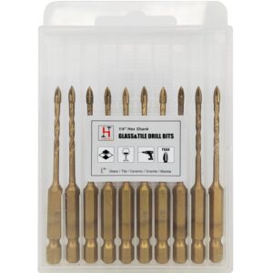 Hymnorq 1/8 Inch Masonry Drill Bits 10pc Pack, 4 Edges YG6X Carbide Tipped Cross Spear Head, 1/4 Hex Shank, Titanium Coated Surface, Multi-Purpose for Glass Tile Concrete Wood Ceramic Brick Marble