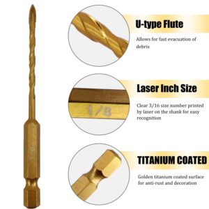 Hymnorq 1/8 Inch Masonry Drill Bits 10pc Pack, 4 Edges YG6X Carbide Tipped Cross Spear Head, 1/4 Hex Shank, Titanium Coated Surface, Multi-Purpose for Glass Tile Concrete Wood Ceramic Brick Marble