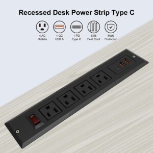 Recessed Power Strip with Type C 20W PD Fast Charge Desk Power Outlet 4 Outlets 2 USB and 1 USB C Built in Furniture Extension Power Plug for Dorm Office (Black)