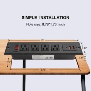 Recessed Power Strip with Type C 20W PD Fast Charge Desk Power Outlet 4 Outlets 2 USB and 1 USB C Built in Furniture Extension Power Plug for Dorm Office (Black)