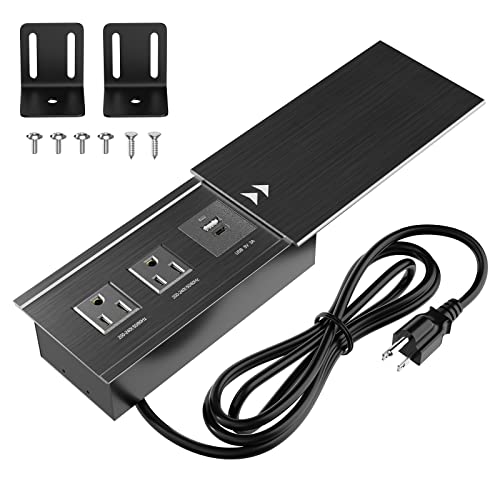 PD 20W USB C Recessed Power Strip, Furniture Power Strip with 2 Outlets and 2 USB Ports, 10FT Extension Cord Flat Plug, for Countertop Conference Desk Cabinet Workbench, Black