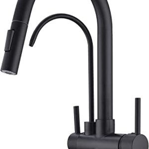 TUTEW Matte Black Kitchen Faucet with Pull Down Sprayer, Black Kitchen Sink Faucet with Drinking Water Faucet,2 Handle 3 in 1 Water Filter Purifier Faucets