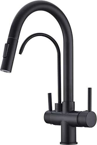 TUTEW Matte Black Kitchen Faucet with Pull Down Sprayer, Black Kitchen Sink Faucet with Drinking Water Faucet,2 Handle 3 in 1 Water Filter Purifier Faucets