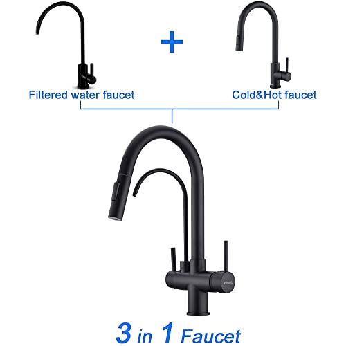 TUTEW Matte Black Kitchen Faucet with Pull Down Sprayer, Black Kitchen Sink Faucet with Drinking Water Faucet,2 Handle 3 in 1 Water Filter Purifier Faucets