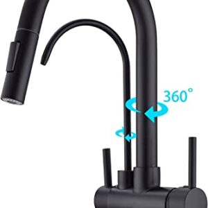 TUTEW Matte Black Kitchen Faucet with Pull Down Sprayer, Black Kitchen Sink Faucet with Drinking Water Faucet,2 Handle 3 in 1 Water Filter Purifier Faucets