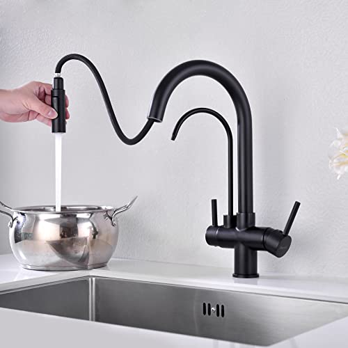 TUTEW Matte Black Kitchen Faucet with Pull Down Sprayer, Black Kitchen Sink Faucet with Drinking Water Faucet,2 Handle 3 in 1 Water Filter Purifier Faucets