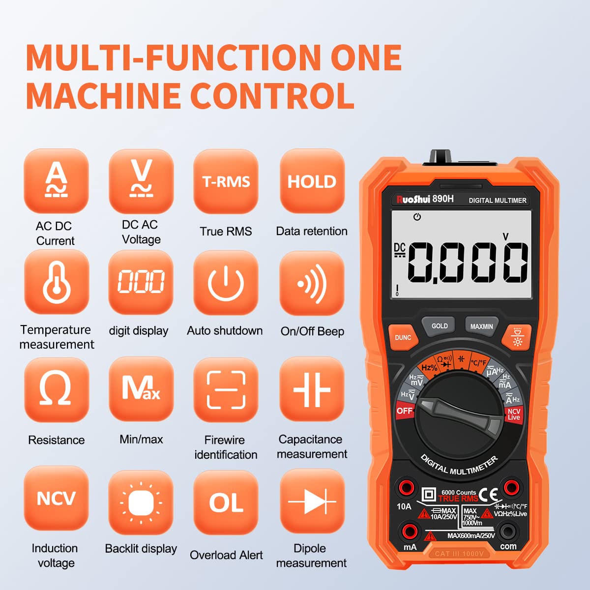 Digital Multimeter,RuoShui 10A 1000V True RMS 6000 Counts Amp Volt Ohm Meter, Auto-Ranging Electrical Tester with NCV Function, AC/DC Voltage Current Detector with LCD Display Screen and LED Jacks