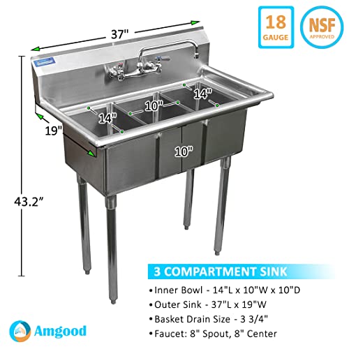 Stainless Steel Sink - 3 Compartment Sink 10"x14"x10" with Legs and Faucet | NSF | Utility | Commercial | Laundry | Kitchen