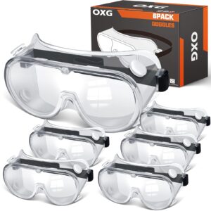 oxg 6 pack anti-fog safety glasses over eyeglasses，protective safety goggles ansi z87.1 lab goggles men women