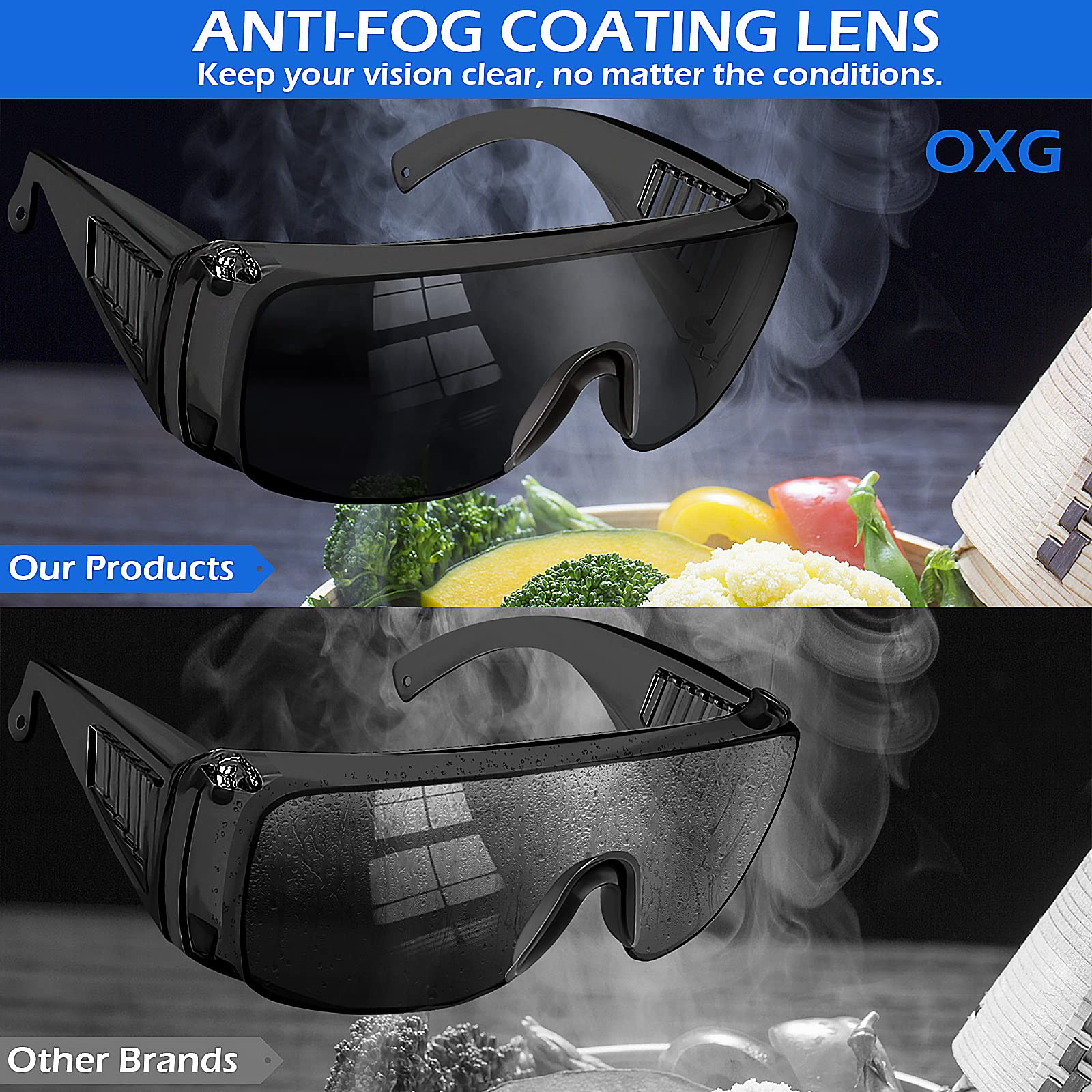 OXG Anti Fog Safety Glasses, ANSI Z87.1 Certified Over Prescription Glasses Safety Goggles UV Protection Impact Resistant Eyewear Protective