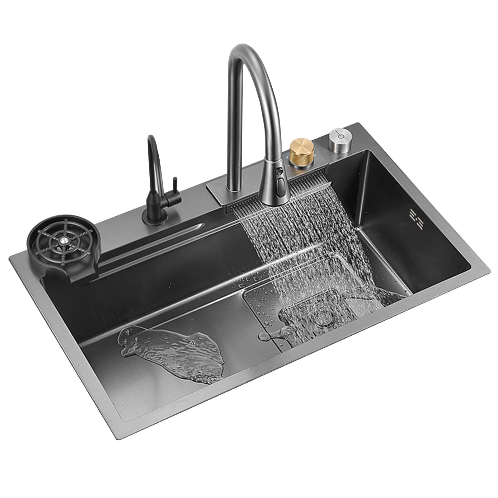 Kitchen Sink 304 Stainless Steel Nano Raindance Waterfall Home Vegetable Basin Single Sink Workstation With Pull-Out Faucet, Pressurized Cup Washer1