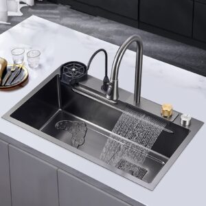 Kitchen Sink 304 Stainless Steel Nano Raindance Waterfall Home Vegetable Basin Single Sink Workstation With Pull-Out Faucet, Pressurized Cup Washer1