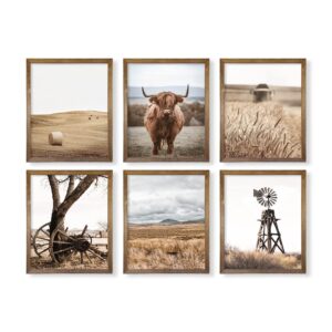 boho western decor - gift for cowboy men cowgirl - set of 6 - highland cow pictures wall art - southern farm house animal - old west ranch room decor - country print - rustic farmhouse bathroom poster
