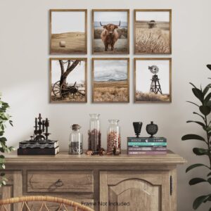 Boho Western Decor - Gift for Cowboy Men Cowgirl - Set of 6 - Highland Cow Pictures Wall Art - Southern Farm House Animal - Old West Ranch Room Decor - Country Print - Rustic Farmhouse Bathroom Poster