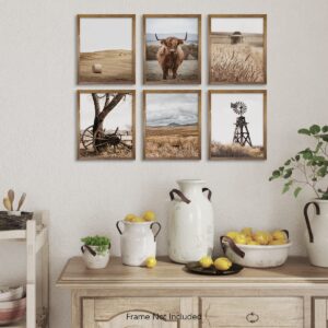 Boho Western Decor - Gift for Cowboy Men Cowgirl - Set of 6 - Highland Cow Pictures Wall Art - Southern Farm House Animal - Old West Ranch Room Decor - Country Print - Rustic Farmhouse Bathroom Poster