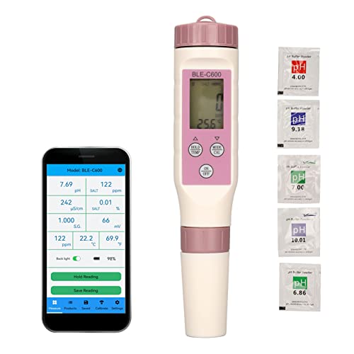 Digital PH Meter, 7 in 1 Bluetooth PH, TDS, EC, ORP, SG, Salinity and Temperature Tester Pen 0.01 High Accuracy for Household Drinking, Hydroponics, Pools and Aquarium