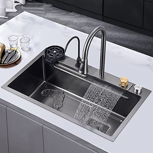 Ozetix Kitchen Sink 304 Stainless Steel Nano Raindance Waterfall Sink Home Sink Vegetable Basin Single Sink Workstation Kitchen Sink With Pull-Out Faucet, Pressurized Cup Washer, Gun grey, 75*45*20cm