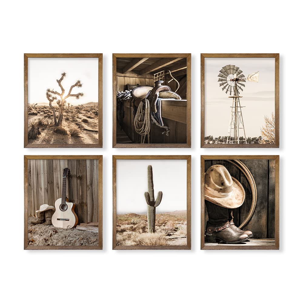 Art for Cowboy Men Cowgirl - Rustic Farmhouse Bathroom Poster - Boho Western Decor - Old West Ranch Room Decor - White Picture Wall Art - Country Cactus Windmill Print - Southern Farm House Animal