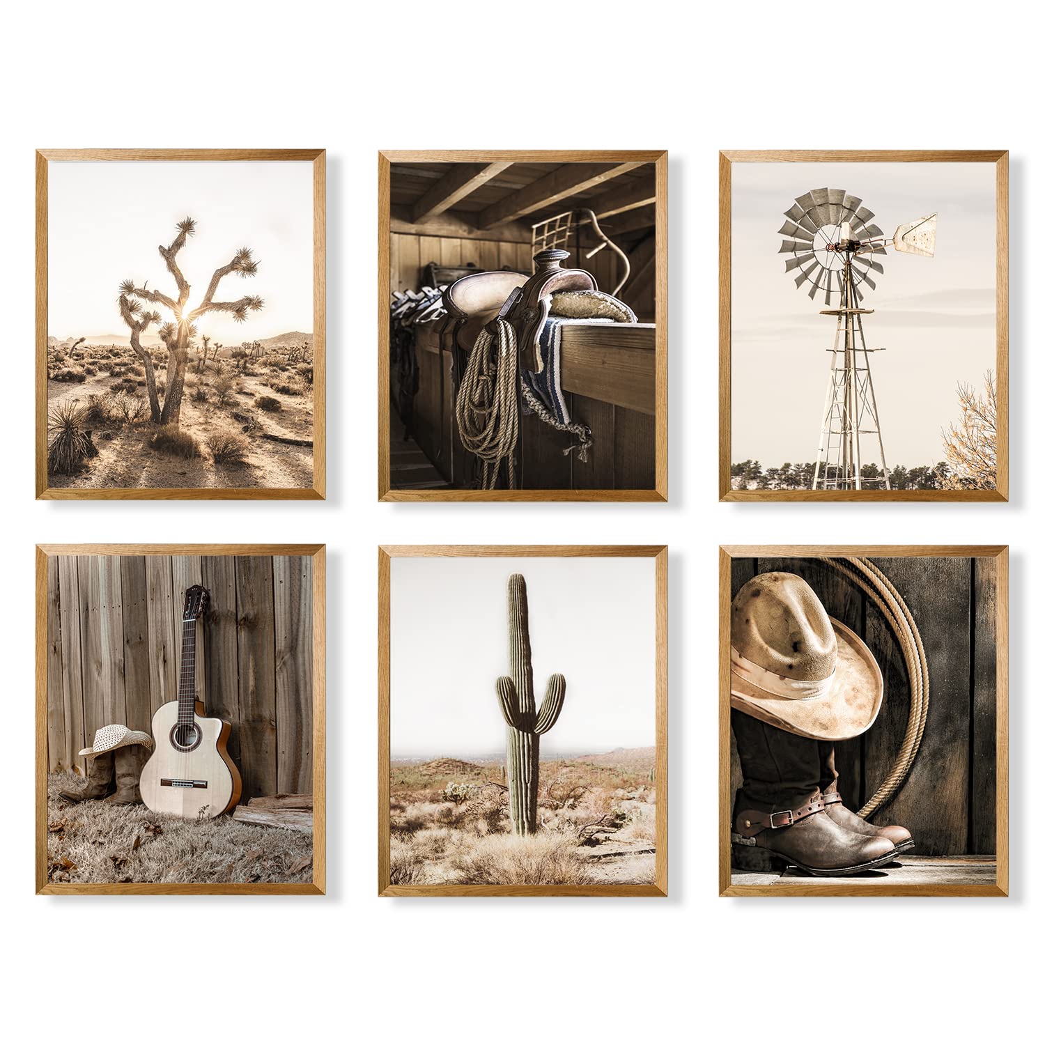 Art for Cowboy Men Cowgirl - Rustic Farmhouse Bathroom Poster - Boho Western Decor - Old West Ranch Room Decor - White Picture Wall Art - Country Cactus Windmill Print - Southern Farm House Animal