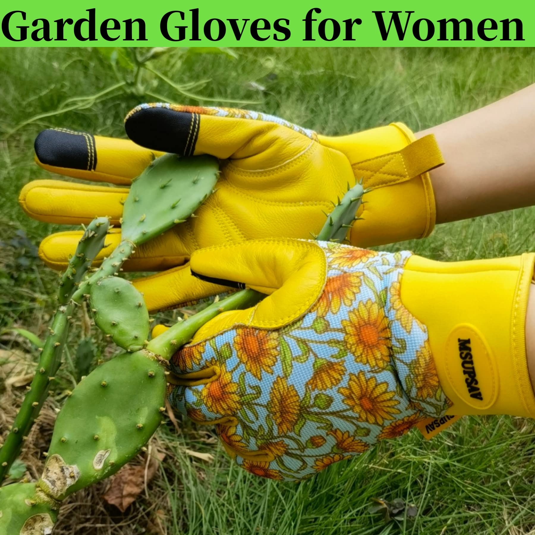 MSUPSAV Thorn Proof Gardening Gloves with Grip,Garden Gloves for Women,Cowhide Leather Work Gloves,Gardening Gifts for Women,Daisy,Large