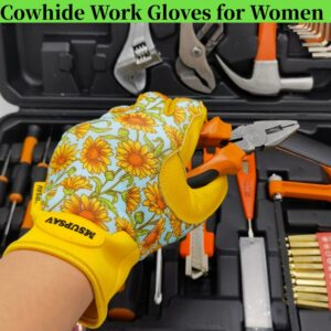 MSUPSAV Thorn Proof Gardening Gloves with Grip,Garden Gloves for Women,Cowhide Leather Work Gloves,Gardening Gifts for Women,Daisy,Large