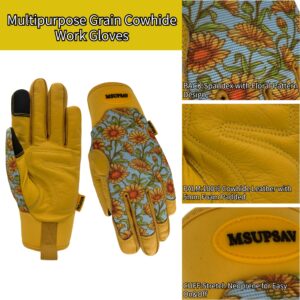 MSUPSAV Thorn Proof Gardening Gloves with Grip,Garden Gloves for Women,Cowhide Leather Work Gloves,Gardening Gifts for Women,Daisy,Large