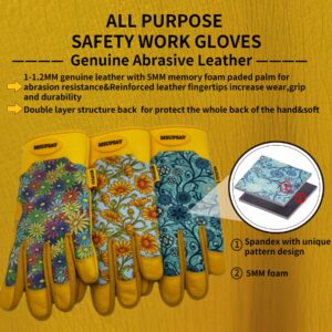 MSUPSAV Thorn Proof Gardening Gloves with Grip,Garden Gloves for Women,Cowhide Leather Work Gloves,Gardening Gifts for Women,Daisy,Large