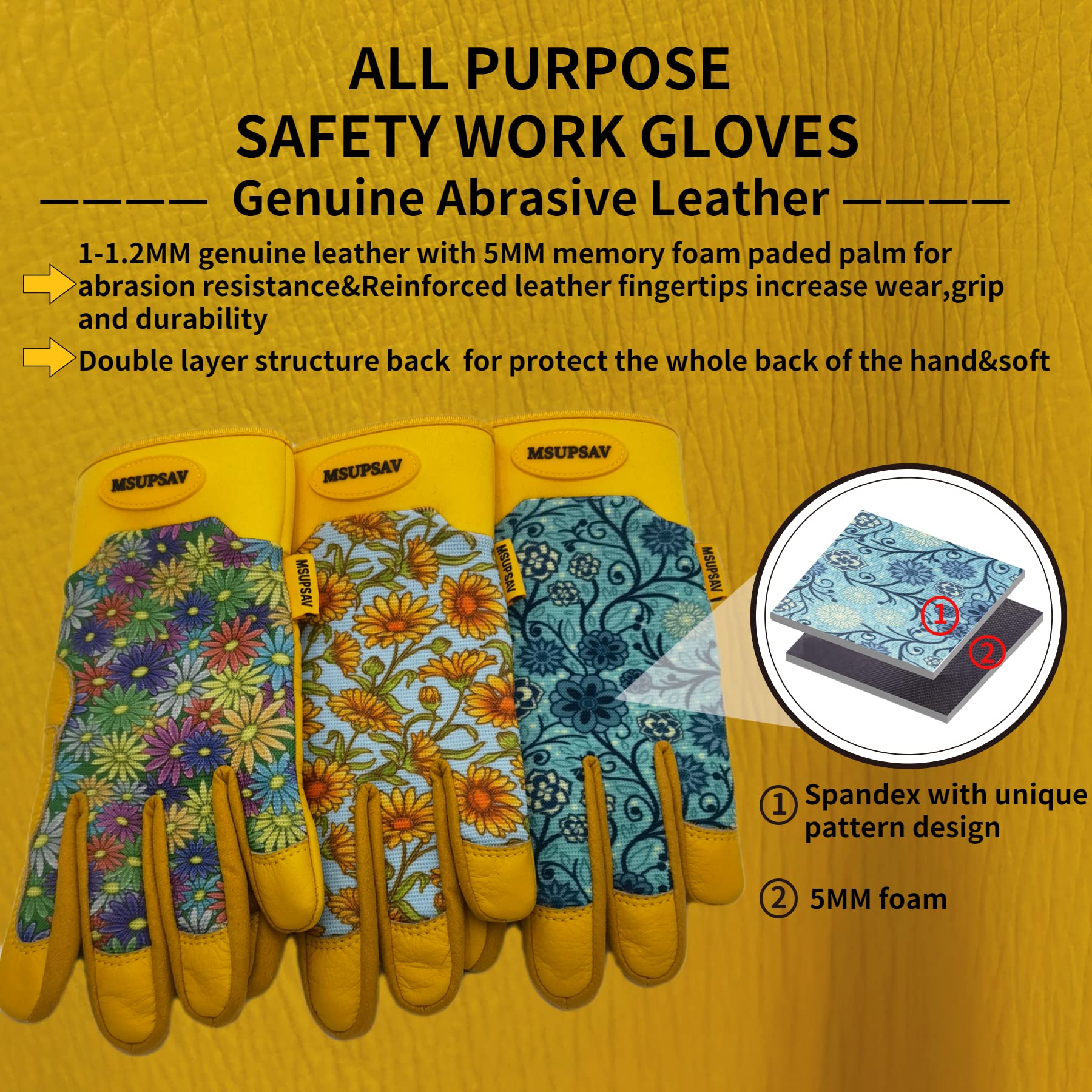 MSUPSAV Thorn Proof Gardening Gloves with Grip,Garden Gloves for Women,Cowhide Leather Work Gloves,Gardening Gifts for Women,Daisy,Large