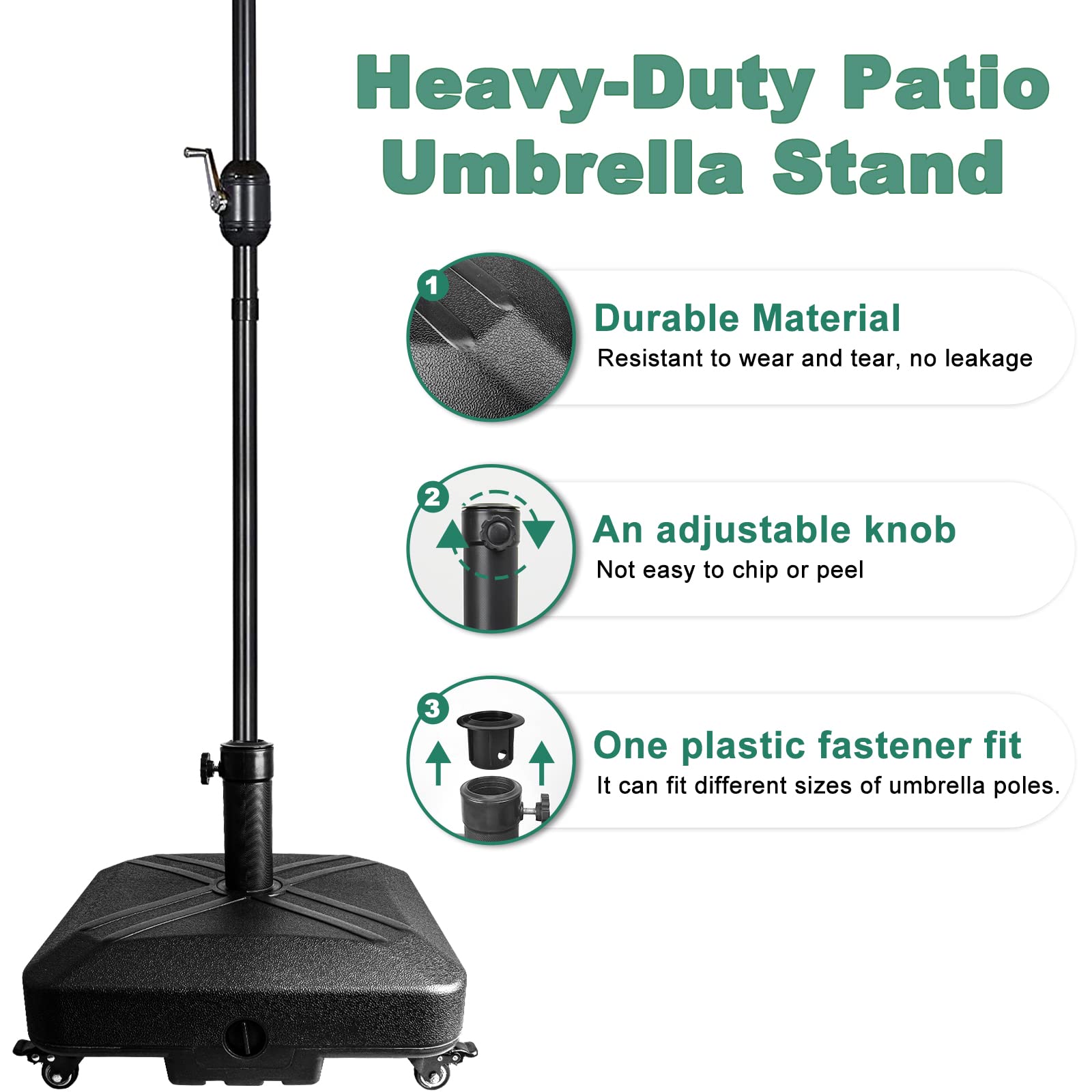 RAOKUKH DZ4733 MS Patio Umbrella Base Heavy Duty with Wheels Square Market Stand for Outdoor 4 Locks 1 Knobs 125lb Capacity, Black