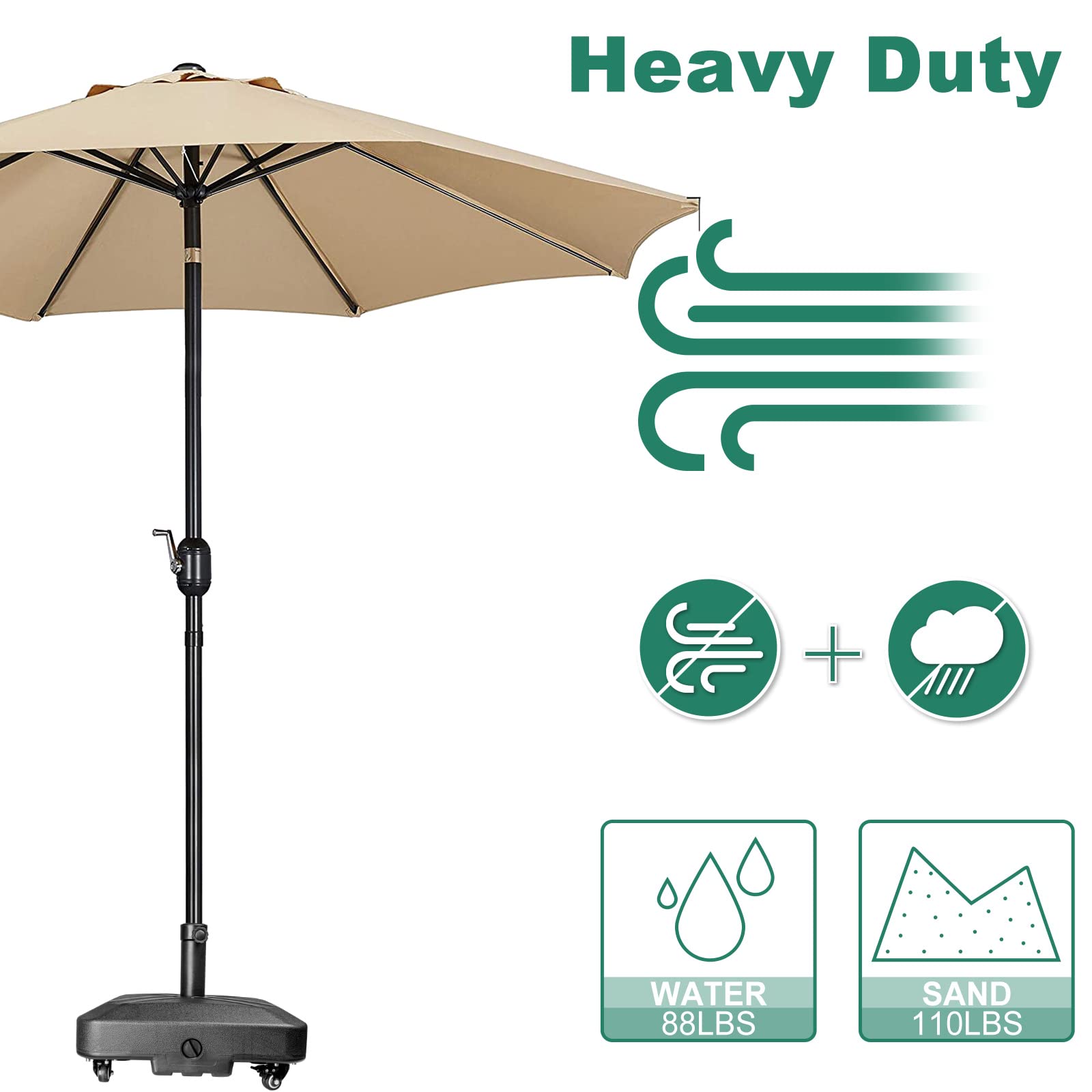 RAOKUKH DZ4733 MS Patio Umbrella Base Heavy Duty with Wheels Square Market Stand for Outdoor 4 Locks 1 Knobs 125lb Capacity, Black