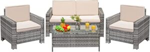 greesum 4 pieces patio furniture sets, wicker rattan sofa chair with soft cushions and sturdy coffee table, outdoor-indoor use for backyard porch garden poolside balcony, gray and beige