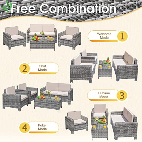 Greesum 4 Pieces Patio Furniture Sets, Wicker Rattan Sofa Chair with Soft Cushions and Sturdy Coffee Table, Outdoor-Indoor Use for Backyard Porch Garden Poolside Balcony, Gray and Beige