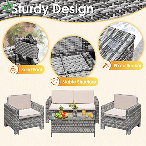 Greesum 4 Pieces Patio Furniture Sets, Wicker Rattan Sofa Chair with Soft Cushions and Sturdy Coffee Table, Outdoor-Indoor Use for Backyard Porch Garden Poolside Balcony, Gray and Beige