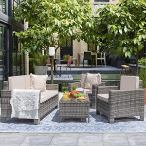 Greesum 4 Pieces Patio Furniture Sets, Wicker Rattan Sofa Chair with Soft Cushions and Sturdy Coffee Table, Outdoor-Indoor Use for Backyard Porch Garden Poolside Balcony, Gray and Beige
