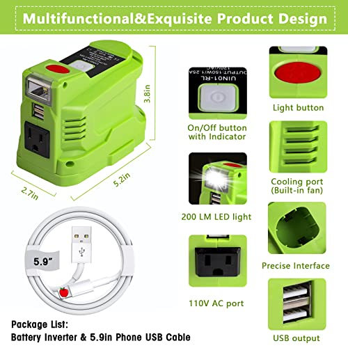 Powered Inverter Generator for Ryobi 18V Volt Battery, 150 Watt Portable Power Inverters with Dual USB & LED Light, DC 18V to AC 110~120V with AC Outlets, Modified Sine Wave Power Inverter