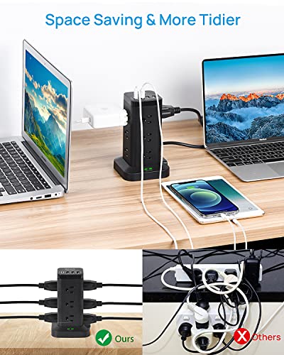 BEVA Power Strip Tower with USB Ports, 10 FT Surge Protector Power Tower, 12 AC and 4 USB Ports, 10 FT Extension Cord with Multiple Outlets, Household Essentials Office Supplies Office Organization