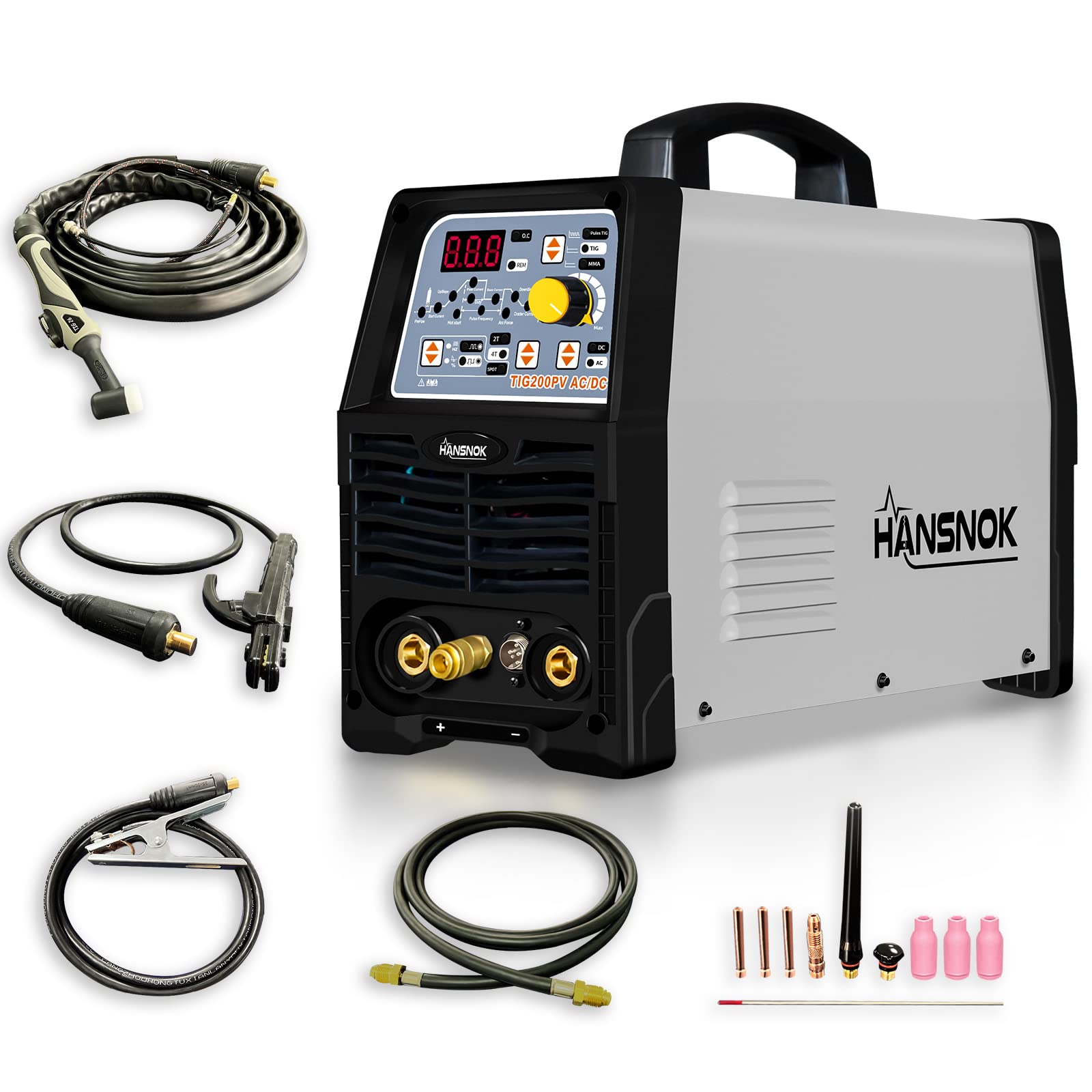 HANSNOKTECH TIG200PV TIG Welder, AC/DC 200Amp Digital LCD Display IGBT Pulse TIG/Stick Welder, Dual Voltage 220V/110V, Arc Welder, TIG Welding Machine with Torach Accessories (Tig200PV)