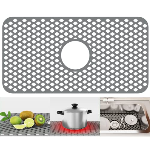 Kitchen Sink Mats TOOVEM Silicone Sink Mat with Non-slip, Stable, Farmhouse Sink Protector for Kitchen Stainless Steel Sink Porcelain Bowl Bathroom Sink- Grey