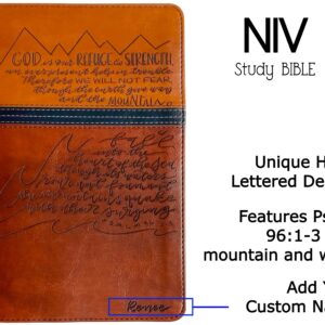 NIV Study Bible, Brown and Blue, Hand Illustrated & Laser Engraved, Custom Name Engraving Available, Personalized Gift for Birthday, Graduation, Baptism, Wedding or Anniversary