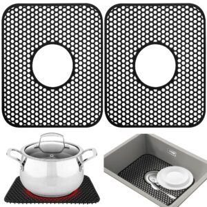 yubird sink protectors for kitchen sink - 13.58"x 11.6" sink mat, 2 pcs silicone kitchen sink mat for bottom of stainless steel sink(black, ceter drain)