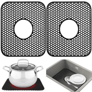 YUBIRD Sink Protectors for Kitchen Sink - 13.58"x 11.6" Sink Mat, 2 PCS Silicone Kitchen Sink Mat for Bottom of Stainless Steel Sink(Black, Ceter Drain)