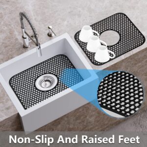 YUBIRD Sink Protectors for Kitchen Sink - 13.58"x 11.6" Sink Mat, 2 PCS Silicone Kitchen Sink Mat for Bottom of Stainless Steel Sink(Black, Ceter Drain)