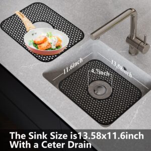 YUBIRD Sink Protectors for Kitchen Sink - 13.58"x 11.6" Sink Mat, 2 PCS Silicone Kitchen Sink Mat for Bottom of Stainless Steel Sink(Black, Ceter Drain)