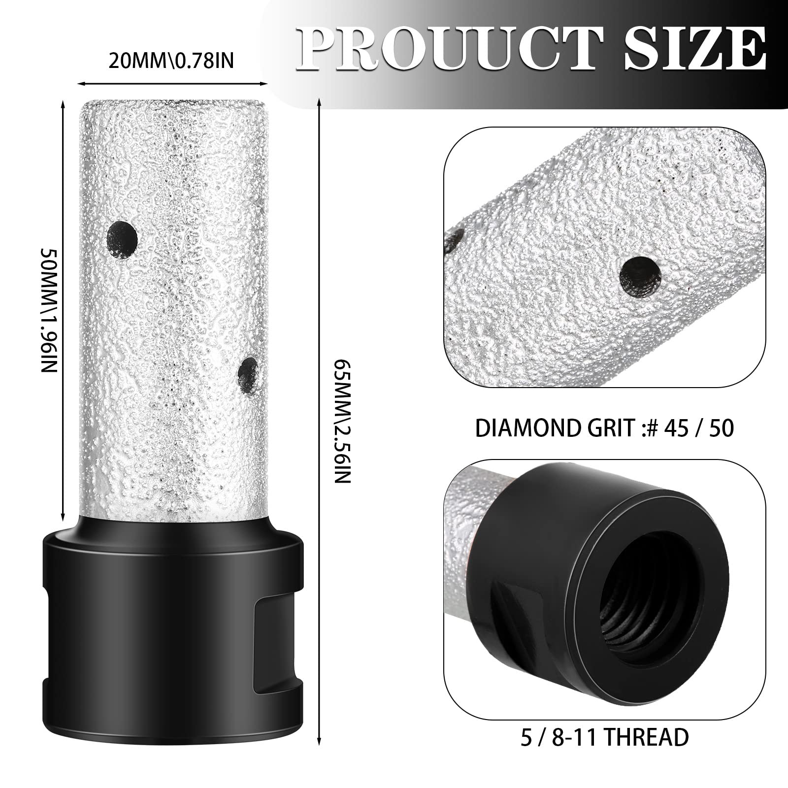 Lothee 3 Pcs Diamond Beveling Chamfer Bits with 5/8-11 in Thread Adapter Diamond Milling Bits for Existing Holes Enlarging Shaping Trimming in Tile Marble Glass Granite Ceramic (Black)